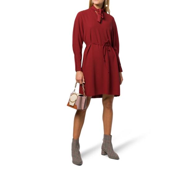 See by Chloe Boyish Red Relaxed Tie Neck Mini Dress Size 10 MISSING BELT - Picture 1 of 14